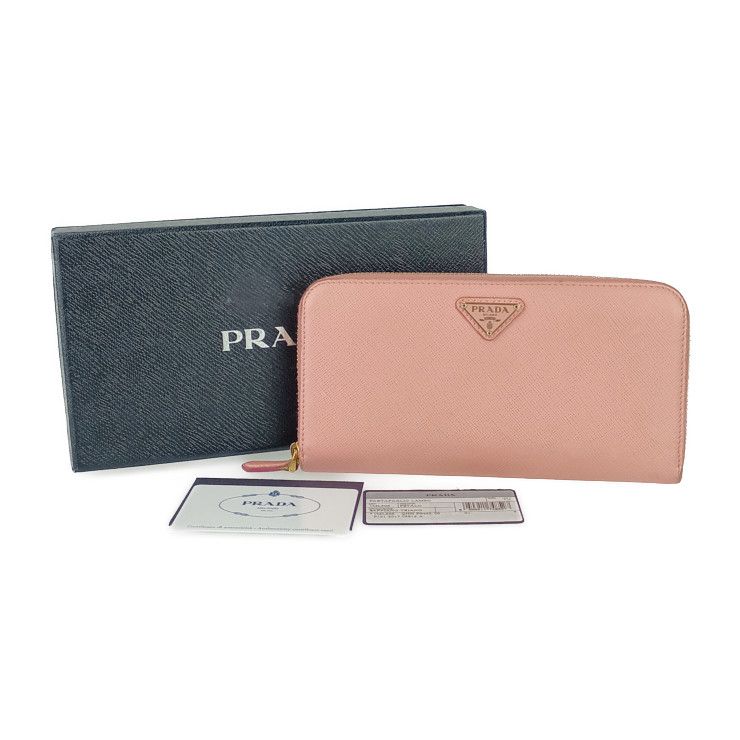 Prada Long Wallet 1ml506 Pink Saffiano Leather Women's Round Zipper Gold