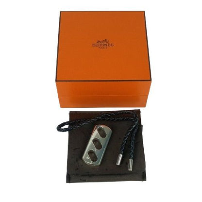 Hermes Key Holder Charm - Black Silver Leather Ag925 Unisex Braided