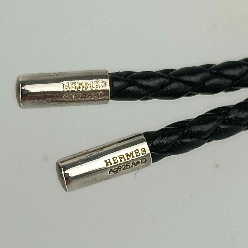 Hermes Key Holder Charm - Black Silver Leather Ag925 Unisex Braided