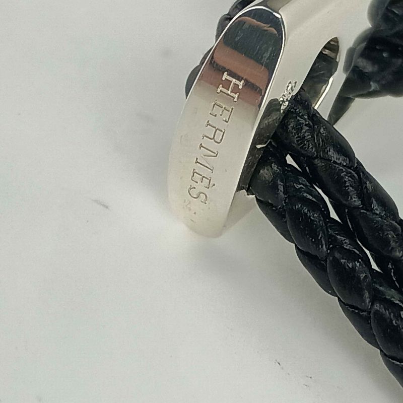Hermes Key Holder Charm - Black Silver Leather Ag925 Unisex Braided