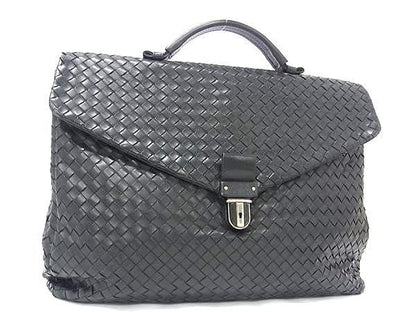 Bottega Veneta Business Bag Intrecciato 122139 Black Leather Men Silver Hardware