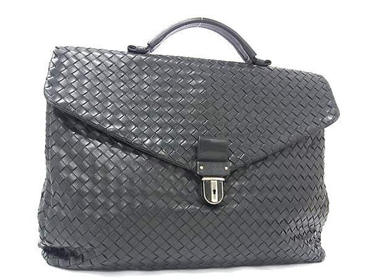 Bottega Veneta Business Bag Intrecciato 122139 Black Leather Men Silver Hardware