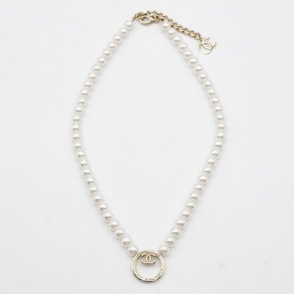 Chanel Necklace Pendant Choker Gold White Here Mark Circle