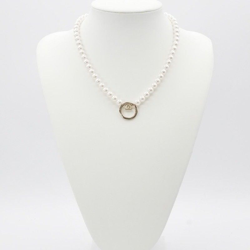 Chanel Necklace Pendant Choker Gold White Here Mark Circle
