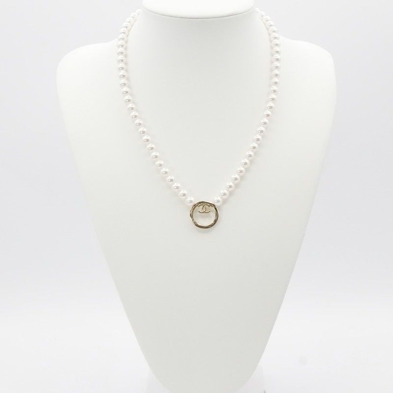 Chanel Necklace Pendant Choker Gold White Here Mark Circle