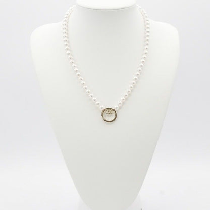 Chanel Necklace Pendant Choker Gold White Here Mark Circle