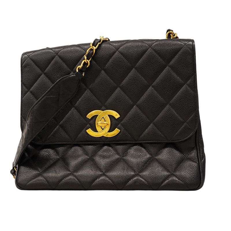 Chanel Shoulder Bag Matelasse Decacoco Caviar Skin Black Gold Hardware Women