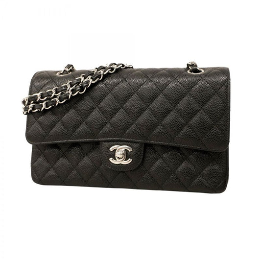 Chanel Shoulder Bag Matelasse Caviar Skin Black Silver Hardware Women