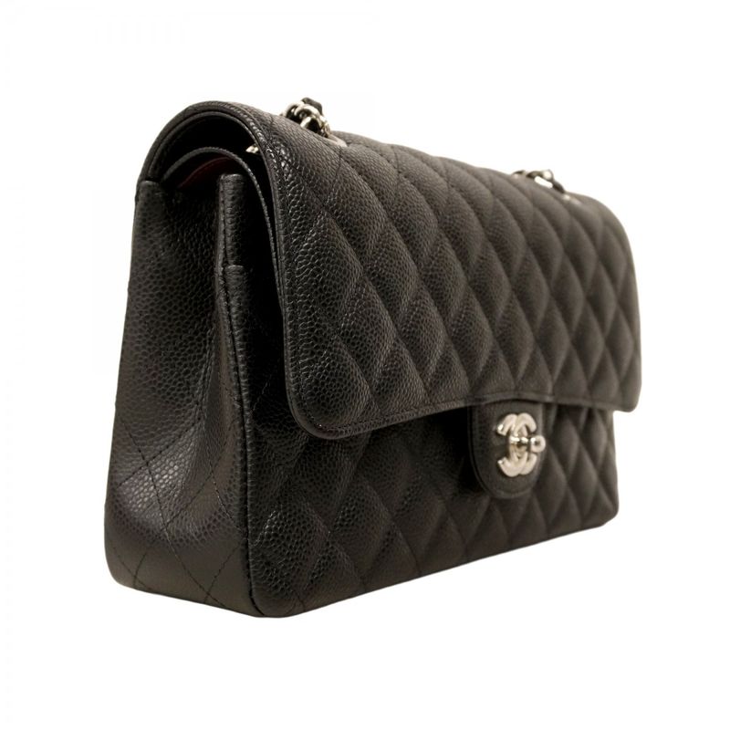 Chanel Shoulder Bag Matelasse Caviar Skin Black Silver Hardware Women