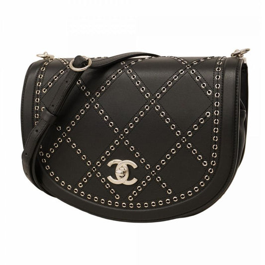Chanel Shoulder Bag Coco Eyelet Leather Black Silver Hardware Women