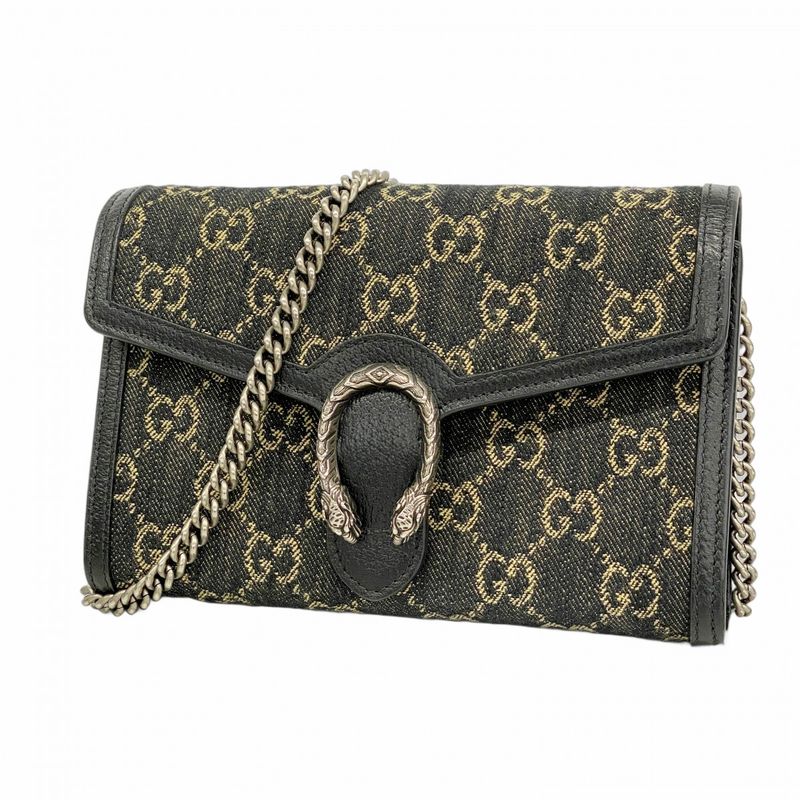 Gucci Shoulder Wallet Duo Nuosos 401231 Denim Black Silver Hardware Women's