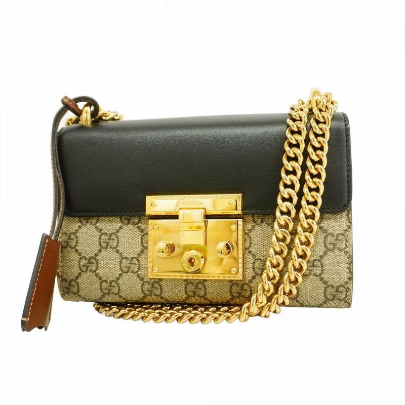 Gucci Shoulder Bag GG Supreme 409487 PVC Leather Black Brown Gold Hardware Women