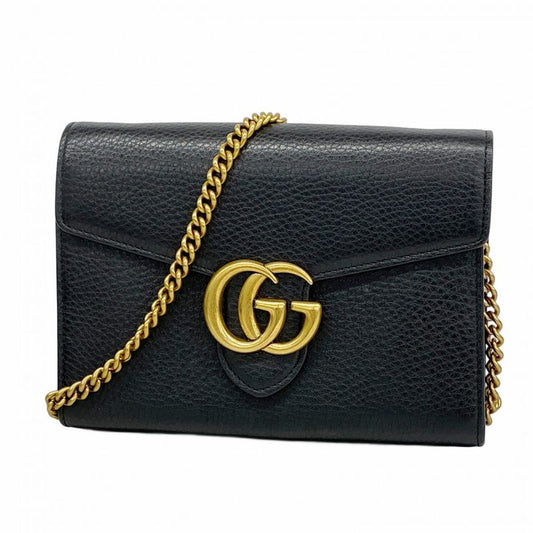 Gucci Shoulder Wallet Ggmarmont 401232 Leather Black Gold Hardware Women