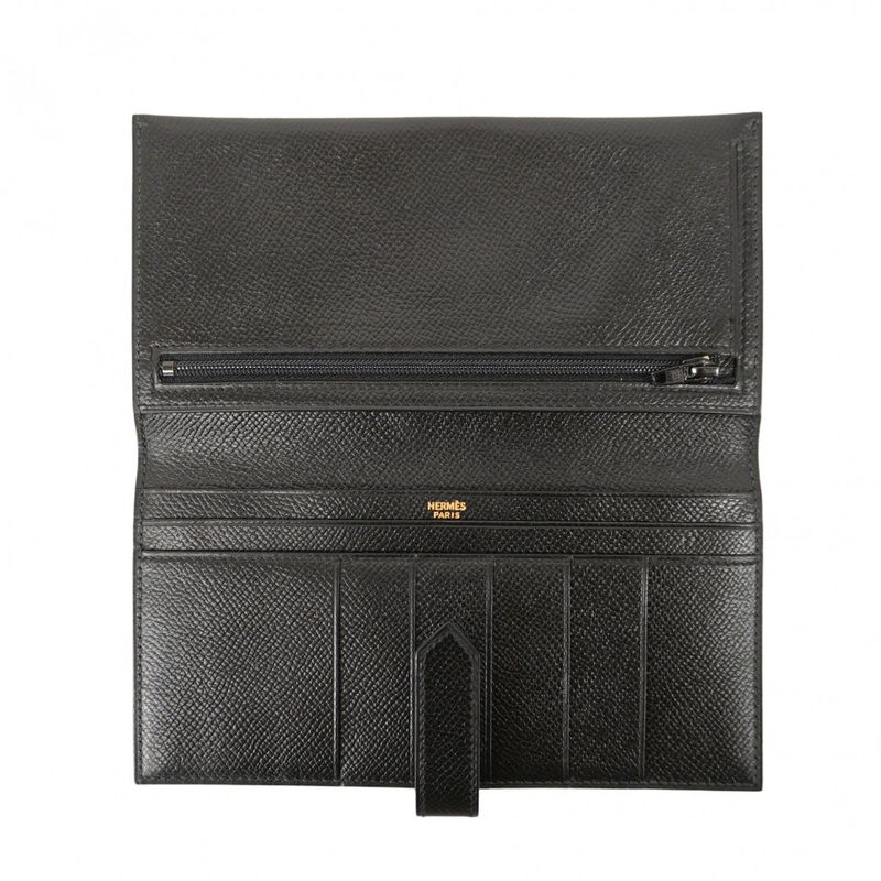 Hermes Long Wallet Bearn Classic Vaux Epson Black Gold Hardware 0Z Engraved