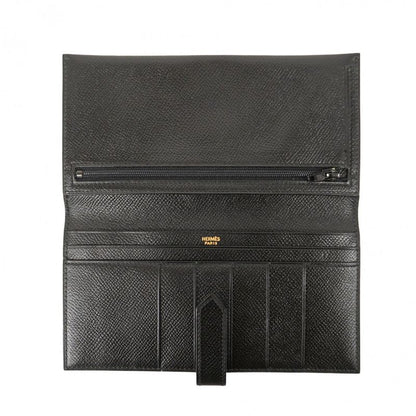 Hermes Long Wallet Bearn Classic Vaux Epson Black Gold Hardware 0Z Engraved