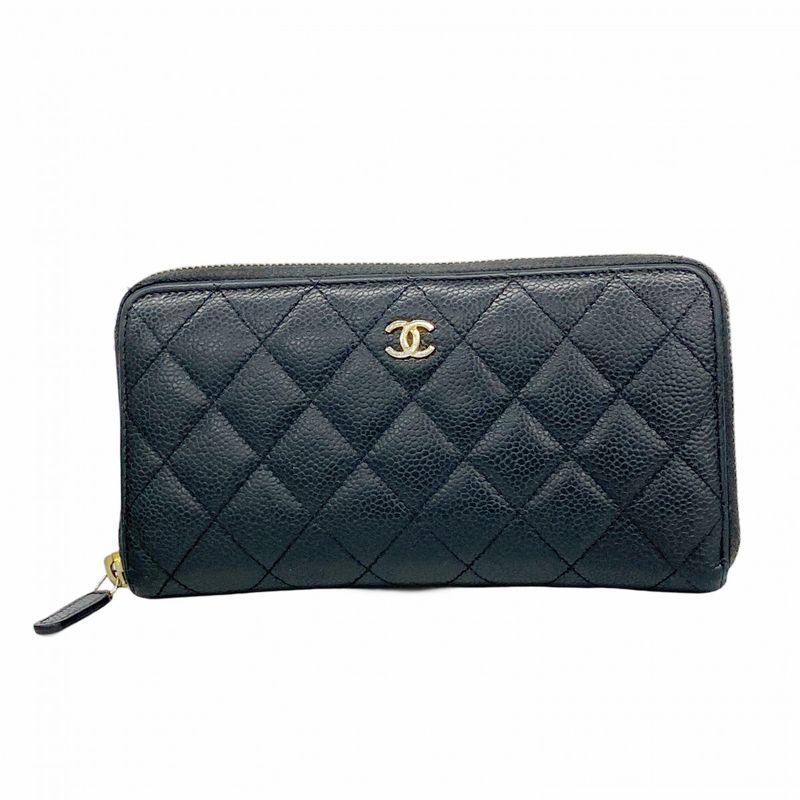 Chanel Long Wallet Matelasse Caviar Skin Black Gold Hardware Women