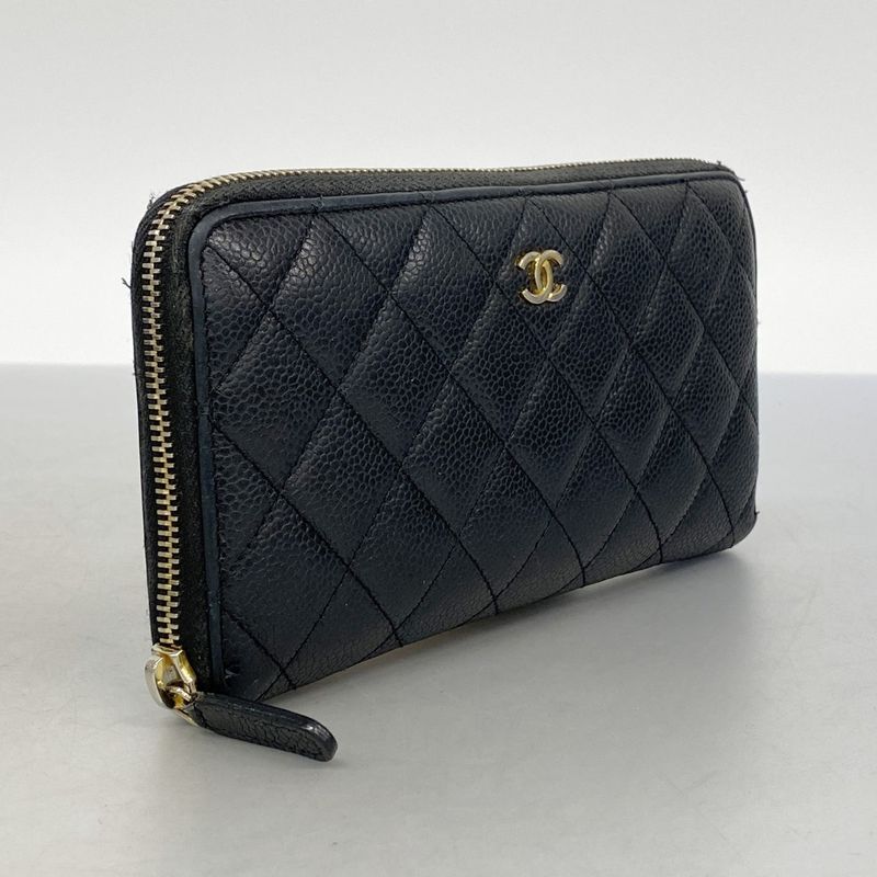 Chanel Long Wallet Matelasse Caviar Skin Black Gold Hardware Women