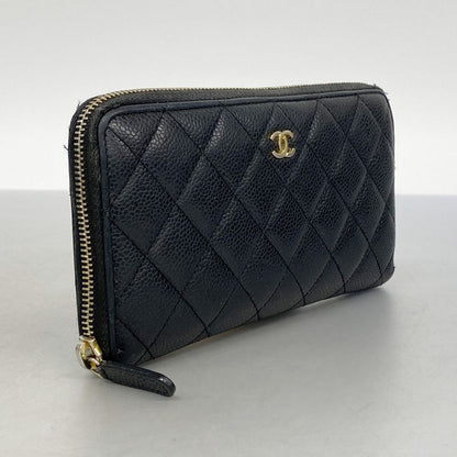 Chanel Long Wallet Matelasse Caviar Skin Black Gold Hardware Women