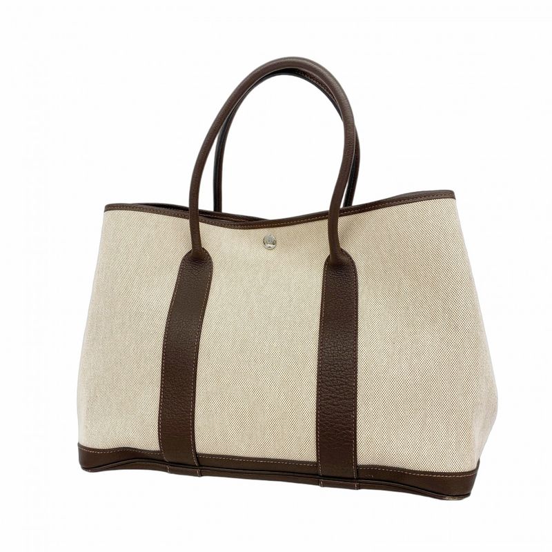 Hermes Tote Bag Garden Party PM Toile Ash Brown Beige Silver Hardware □P