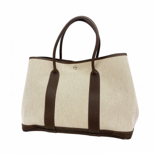 Hermes Tote Bag Garden Party PM Toile Ash Brown Beige Silver Hardware □P
