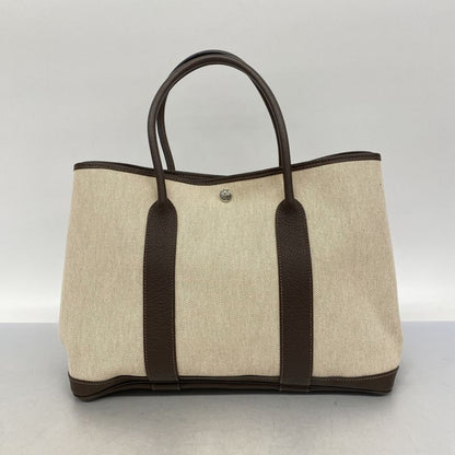 Hermes Tote Bag Garden Party PM Toile Ash Brown Beige Silver Hardware □P