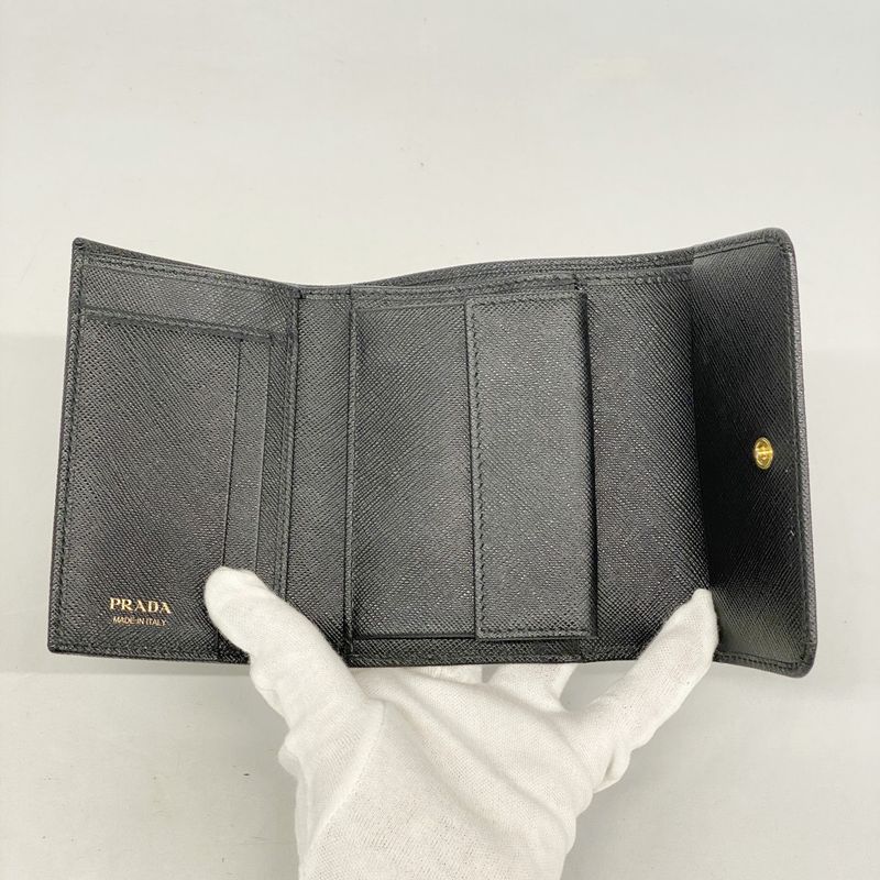 Prada Trifold Wallet Saffiano Leather Black Gold Hardware Women