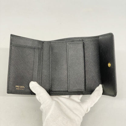 Prada Trifold Wallet Saffiano Leather Black Gold Hardware Women