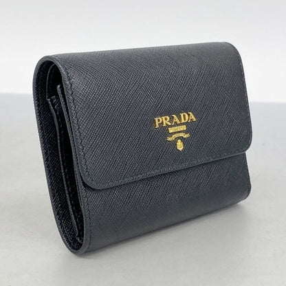 Prada Trifold Wallet Saffiano Leather Black Gold Hardware Women