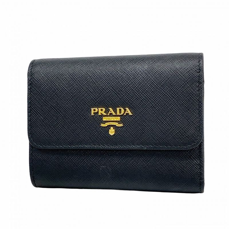 Prada Trifold Wallet Saffiano Leather Black Gold Hardware Women