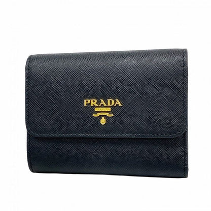 Prada Trifold Wallet Saffiano Leather Black Gold Hardware Women