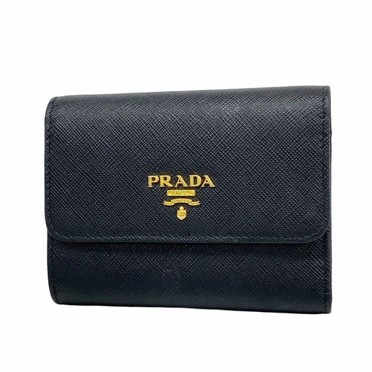 Prada Trifold Wallet Saffiano Leather Black Gold Hardware Women