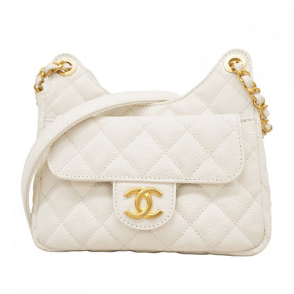 Chanel Shoulder Bag Matelasse Hobo Caviar Skin White Gold Hardware Women