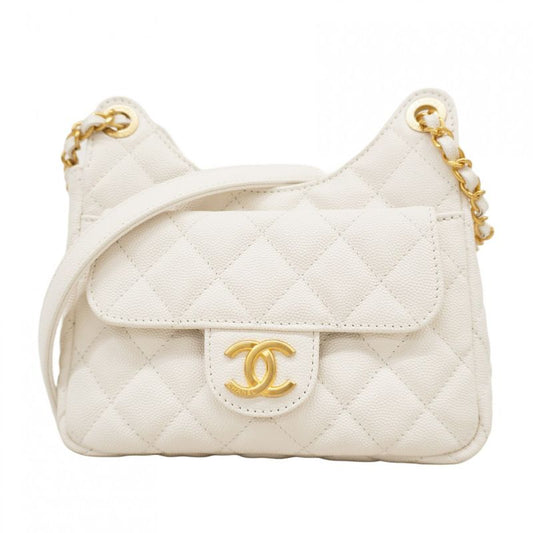 Chanel Shoulder Bag Matelasse Hobo Caviar Skin White Gold Hardware Women