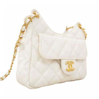 Chanel Shoulder Bag Matelasse Hobo Caviar Skin White Gold Hardware Women