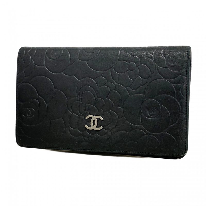 Chanel Long Wallet Camellia Lambskin Black Silver Hardware Women