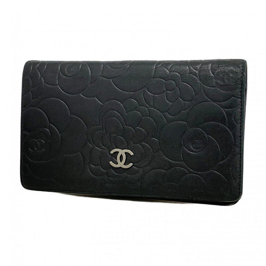 Chanel Long Wallet Camellia Lambskin Black Silver Hardware Women