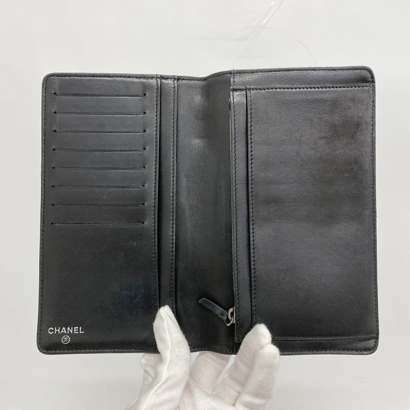 Chanel Long Wallet Camellia Lambskin Black Silver Hardware Women