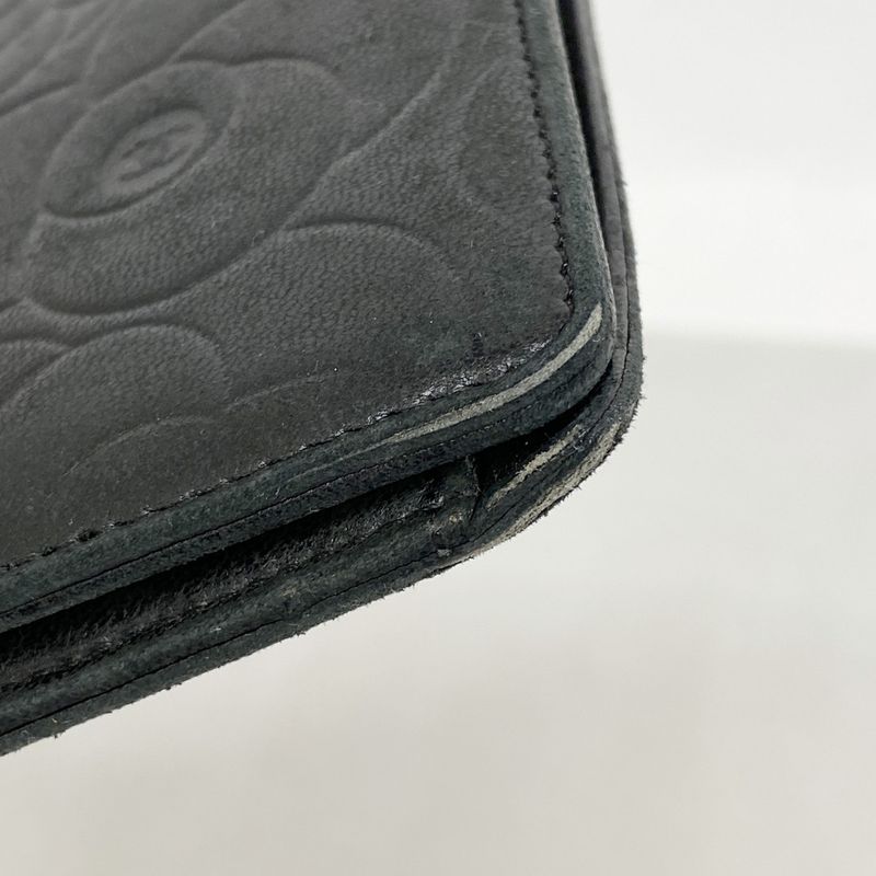 Chanel Long Wallet Camellia Lambskin Black Silver Hardware Women