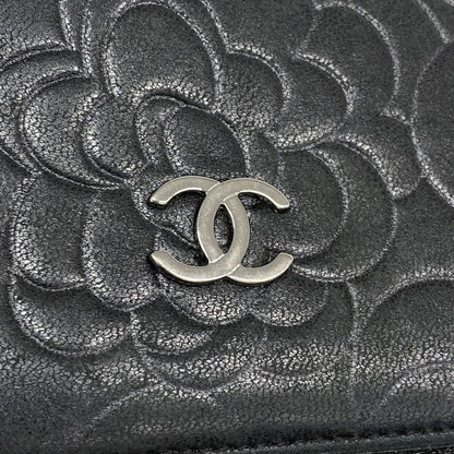 Chanel Long Wallet Camellia Lambskin Black Silver Hardware Women