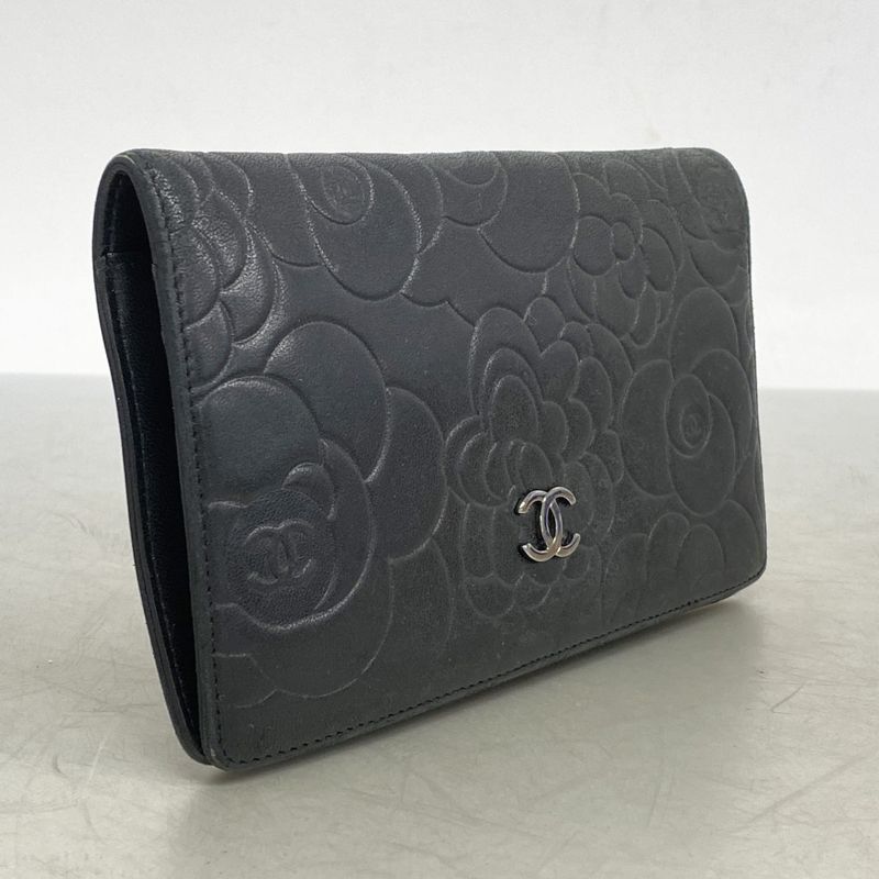 Chanel Long Wallet Camellia Lambskin Black Silver Hardware Women