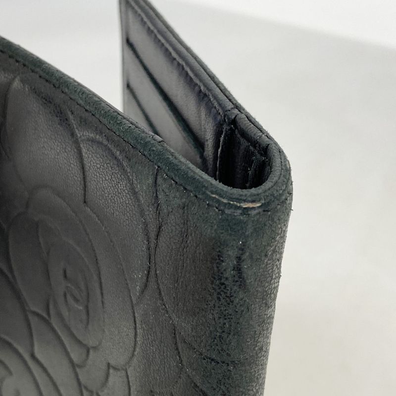 Chanel Long Wallet Camellia Lambskin Black Silver Hardware Women