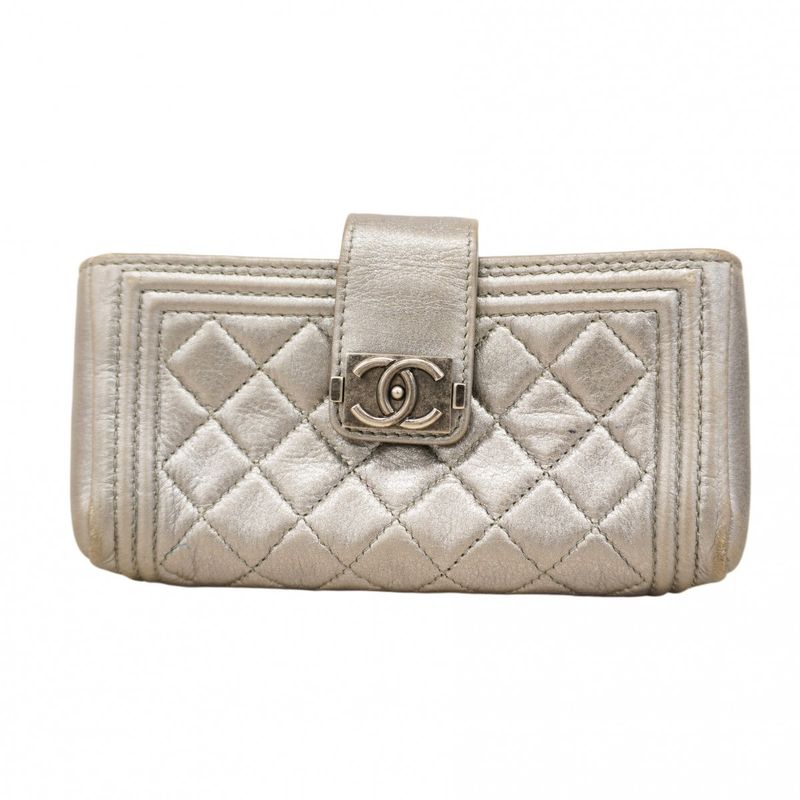 Chanel Pouch Boy Chanel Lambskin Gray Silver Hardware Women