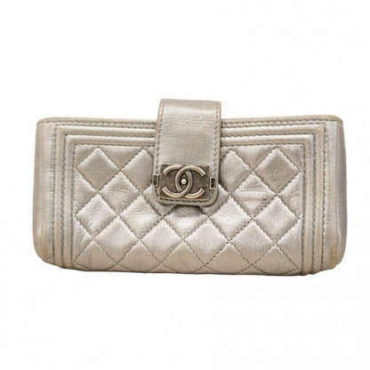 Chanel Pouch Boy Chanel Lambskin Gray Silver Hardware Women