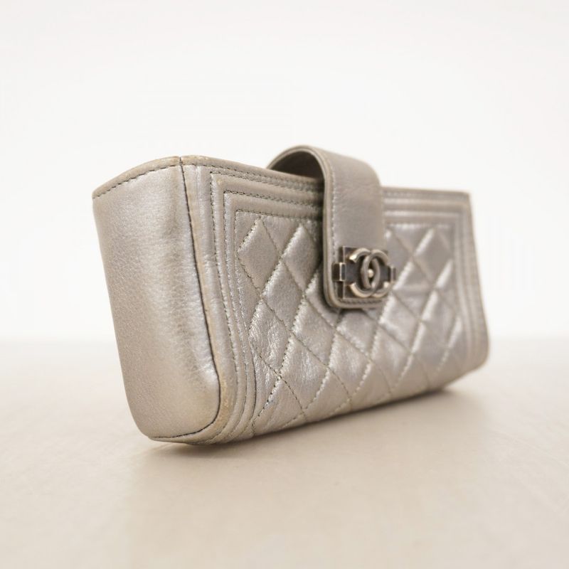 Chanel Pouch Boy Chanel Lambskin Gray Silver Hardware Women