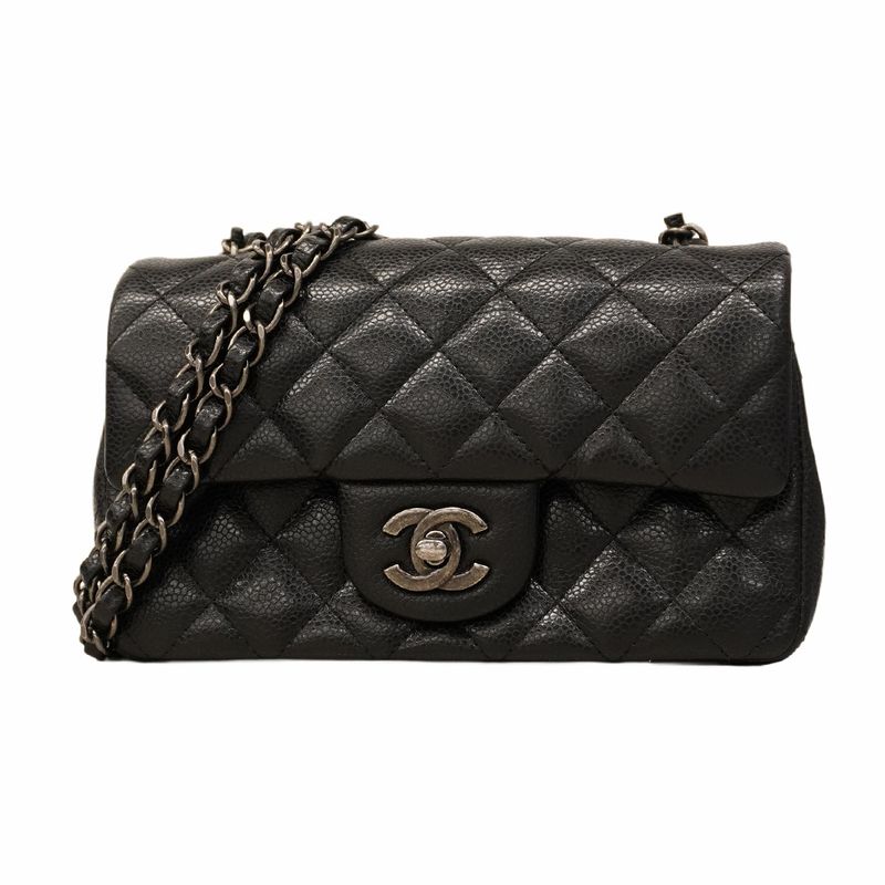 Chanel Shoulder Bag Mini Matelasse Caviar Skin Black Silver Hardware Women