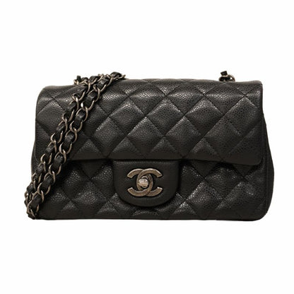 Chanel Shoulder Bag Mini Matelasse Caviar Skin Black Silver Hardware Women