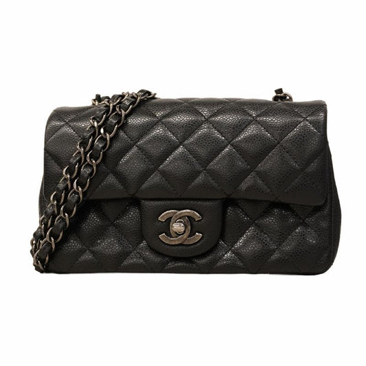 Chanel Shoulder Bag Mini Matelasse Caviar Skin Black Silver Hardware Women