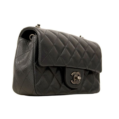 Chanel Shoulder Bag Mini Matelasse Caviar Skin Black Silver Hardware Women