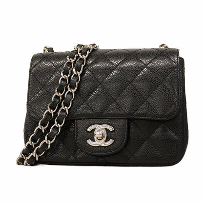 Chanel Shoulder Bag Mini Matelasse Caviar Skin Black Silver Hardware Women