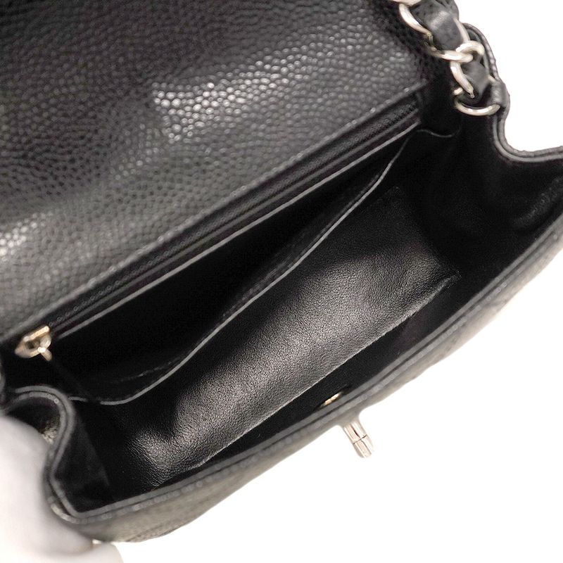 Chanel Shoulder Bag Mini Matelasse Caviar Skin Black Silver Hardware Women